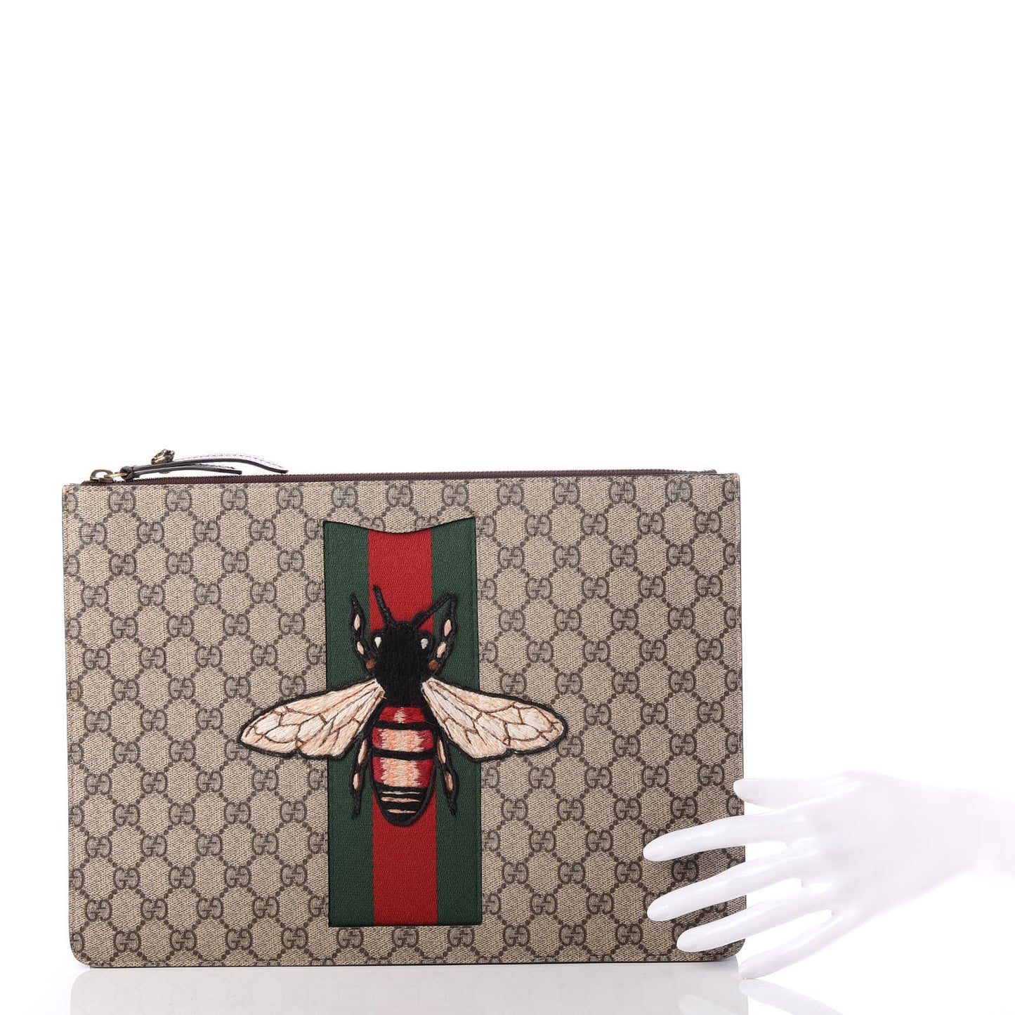 GG Supreme Monogram Web Animalier Bee Embroidered Medium Documents Holder Beige New Acero