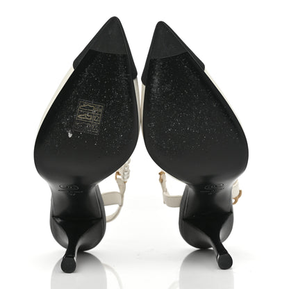 Chanel Lambskin Grosgrain Cap Toe Pearl Slingbacks Pumps 37 Ivory Black 5 of 8