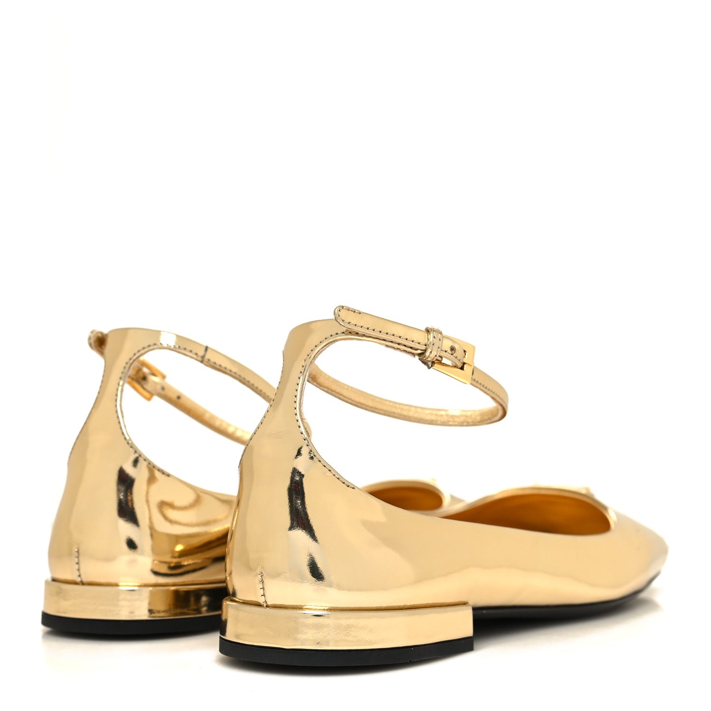 Metallic Calfskin Metal Triangle Logo Ankle Strap Ballerinas 37 Platino