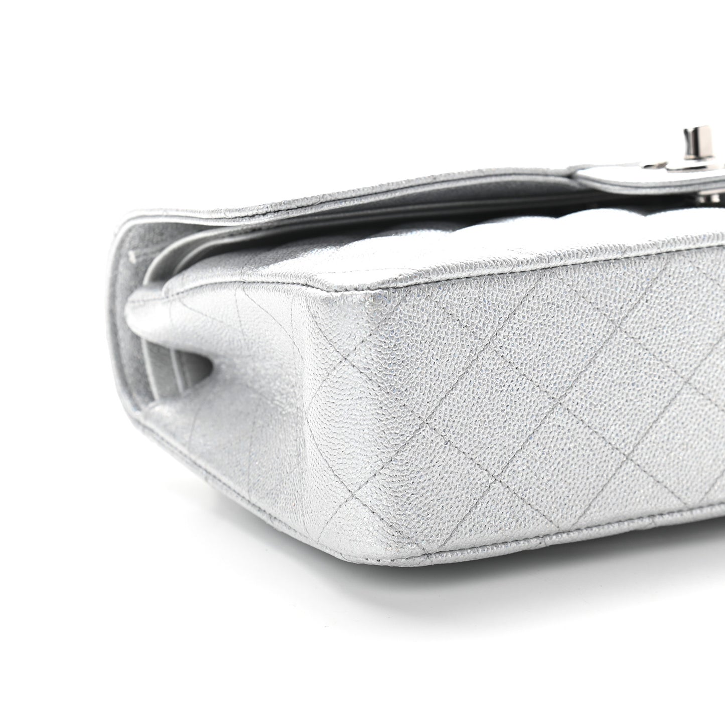Glittered Metallic Caviar Quilted Medium Double Flap Silver