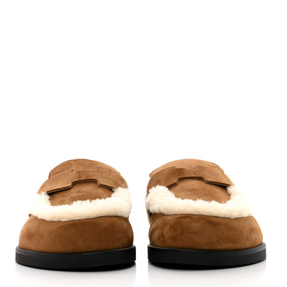 Hermes Suede Goatskin Shearling Go Mules 40.5 Brun Frume Ecru 2 of 9