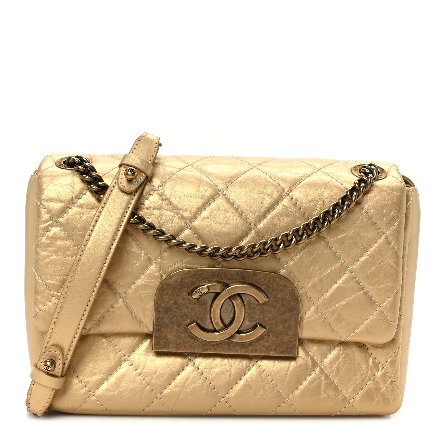 Metallic Aged Calfskin Quilted CC Square Flap Light Gold