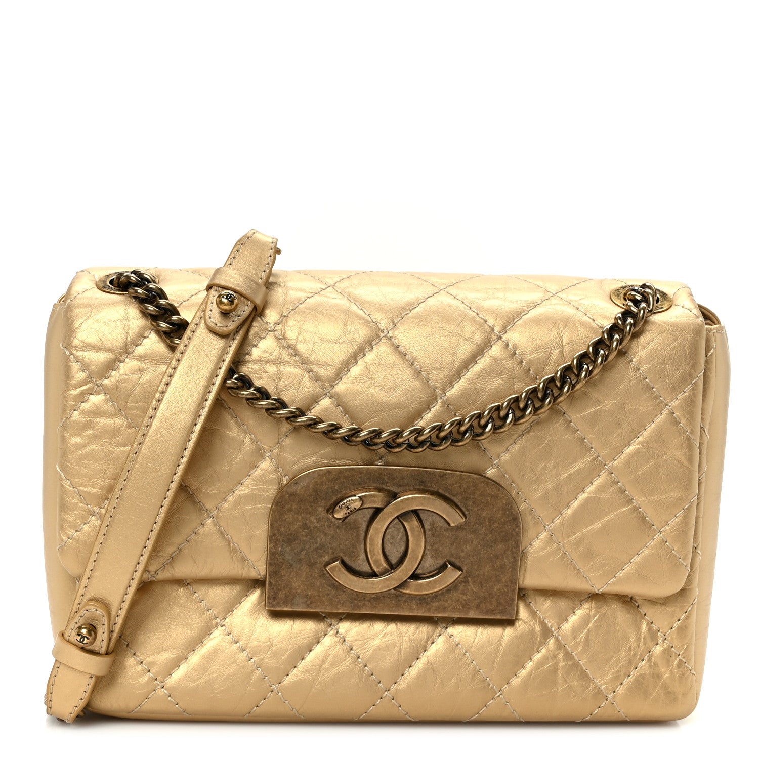 Chanel Metallic Aged Calfskin Quilted CC Square Flap Light Gold 1 of 11