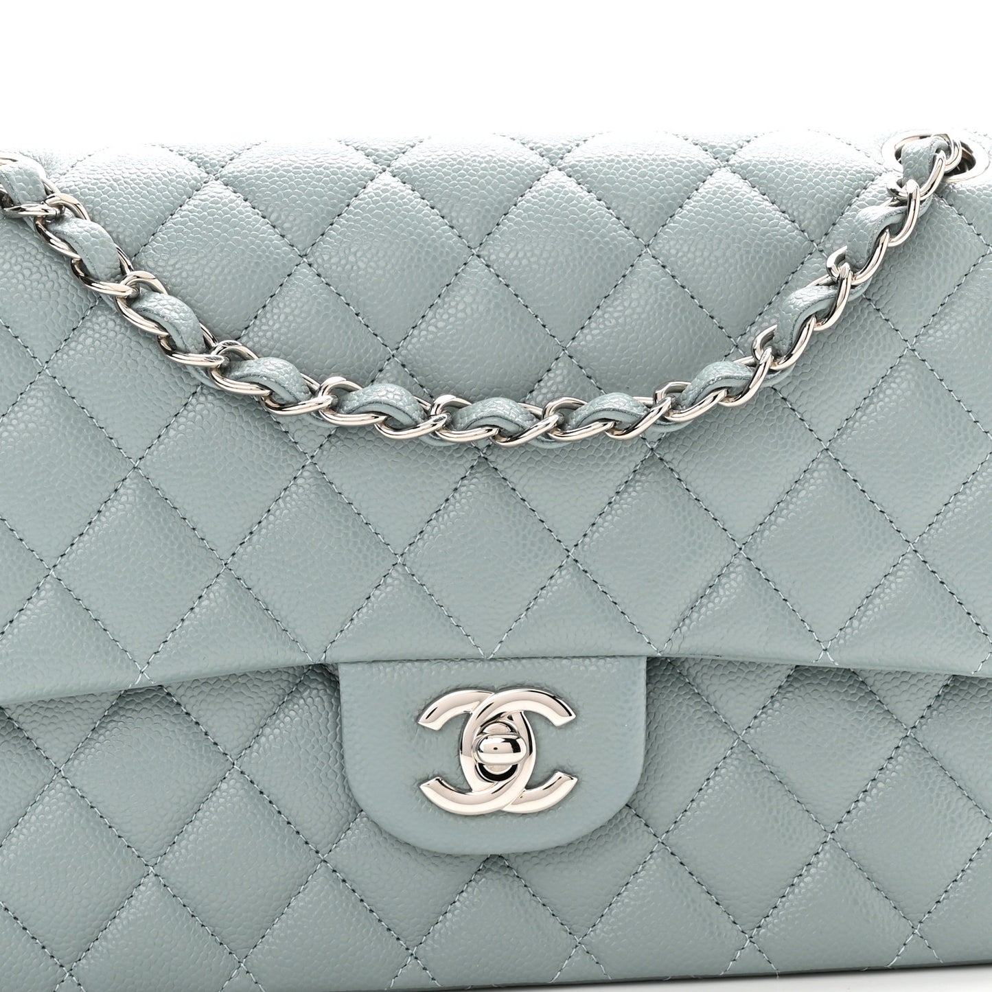 Caviar Quilted Medium Double Flap Light Blue