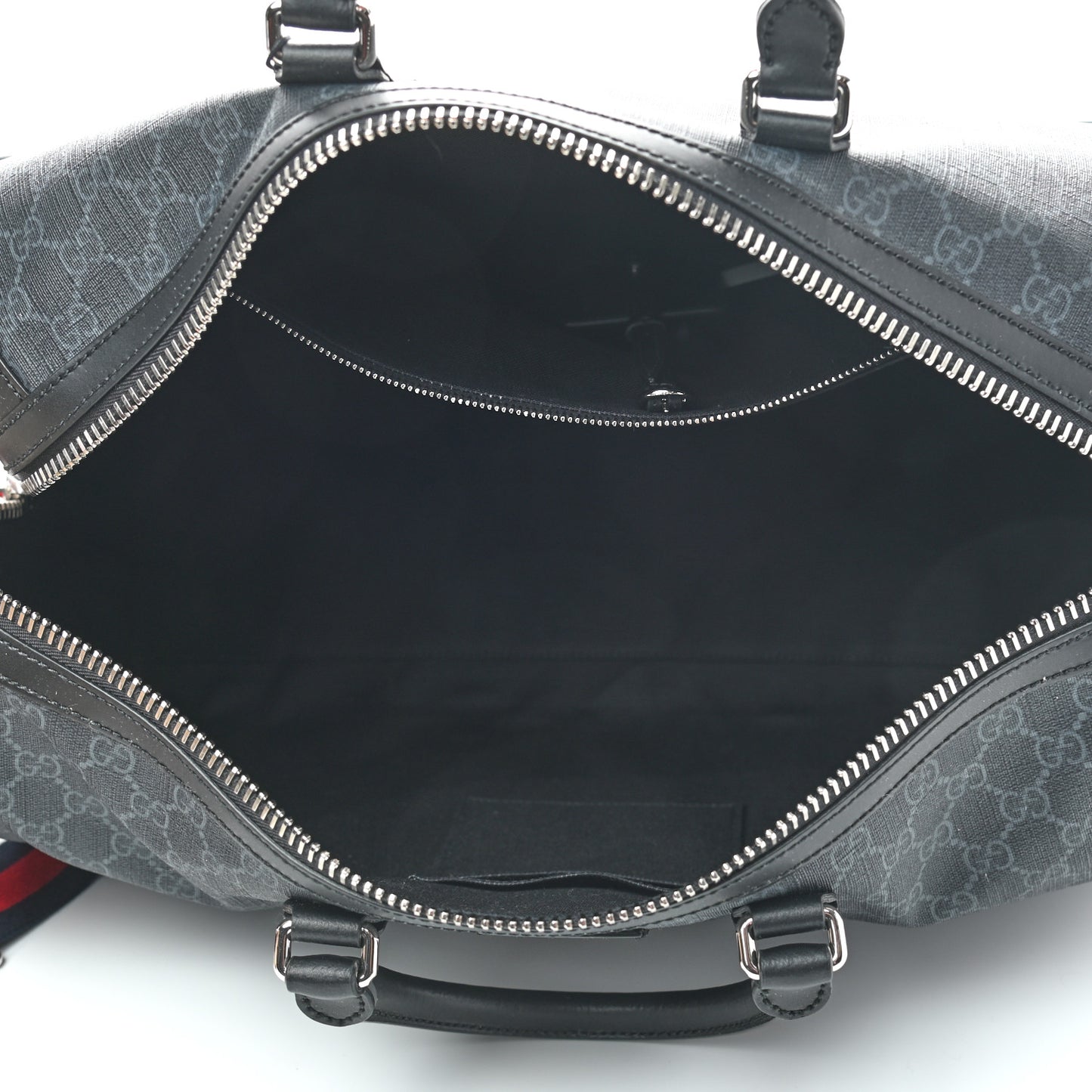 Soft GG Supreme Monogram Appia Calfskin Web Medium Carry On Duffle Bag Black Grey