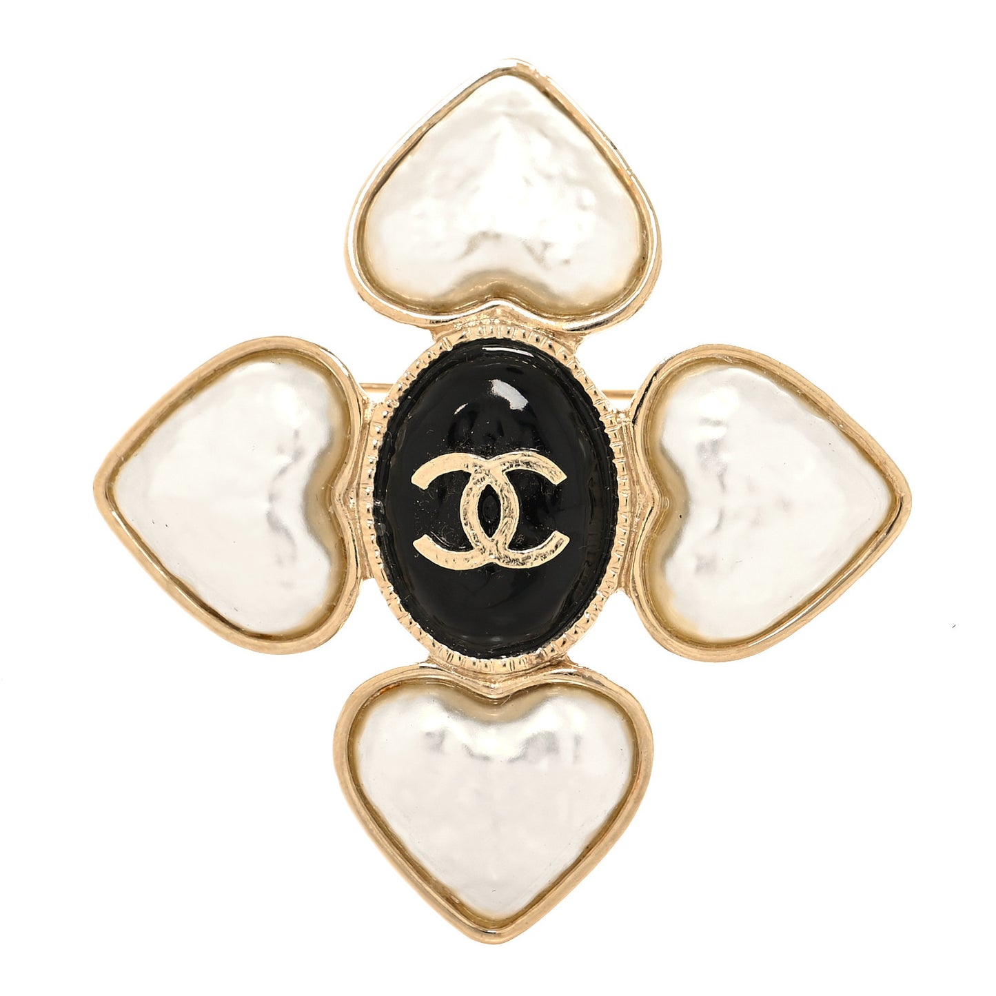 Resin Pearl CC Heart Brooch Gold Pearly White Black
