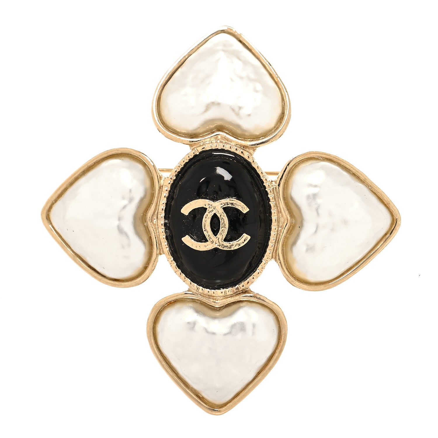 Chanel Resin Pearl CC Heart Brooch Gold Pearly White Black 1 of 3