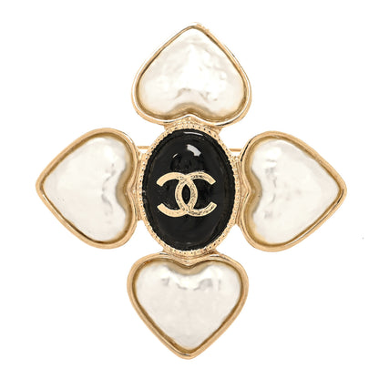Chanel Resin Pearl CC Heart Brooch Gold Pearly White Black 1 of 3