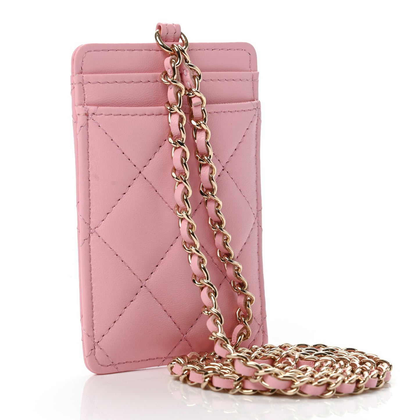 Lambskin Quilted Chanel Card Holder On Chain Pink