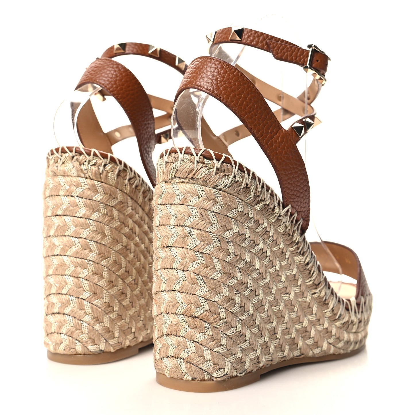 Grained Calfskin Rockstud Ankle Strap Espadrille Wedge Sandals 39 Cuoio Natural