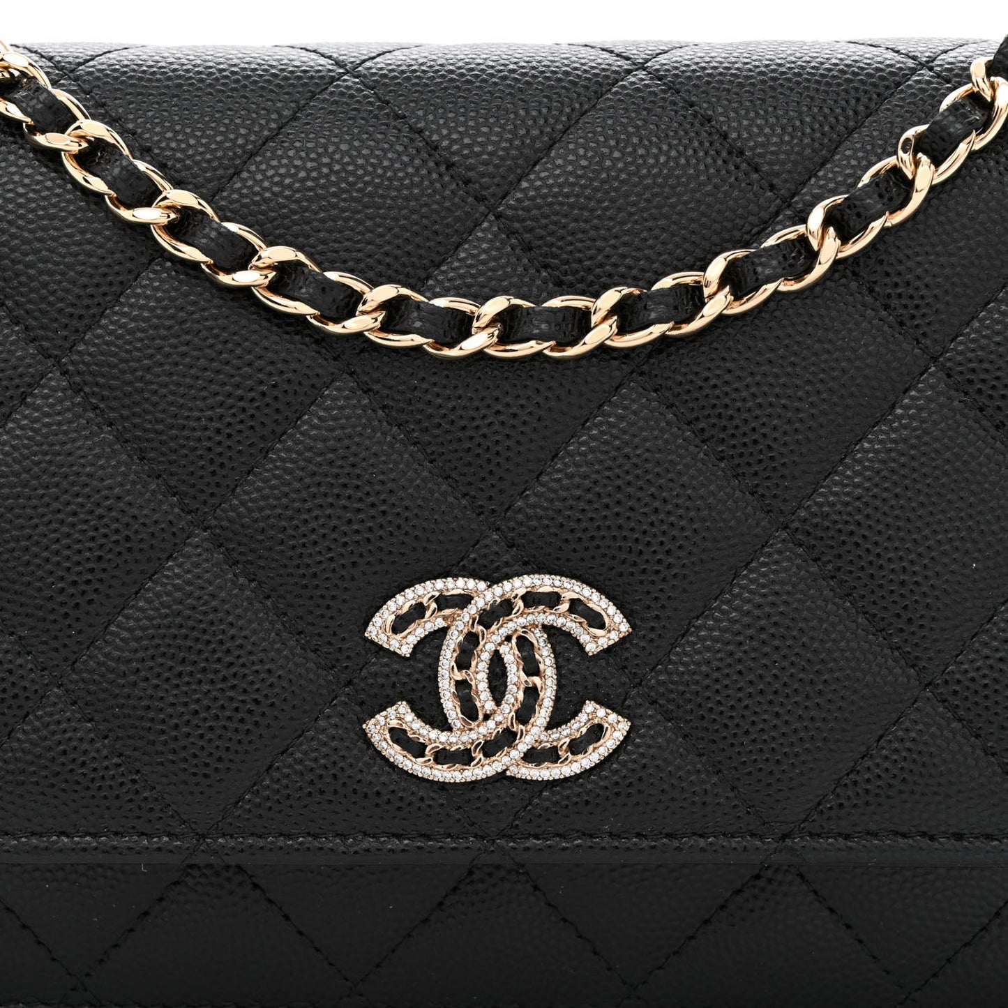 Caviar Quilted Crystal CC Wallet On Chain WOC Black