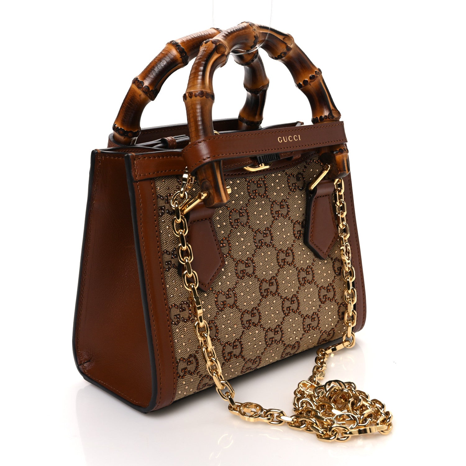Gucci New Canvas Charisma Calfskin Crystal GG Monogram Mini Diana Tote Bag Camel Ebony 3 of 10