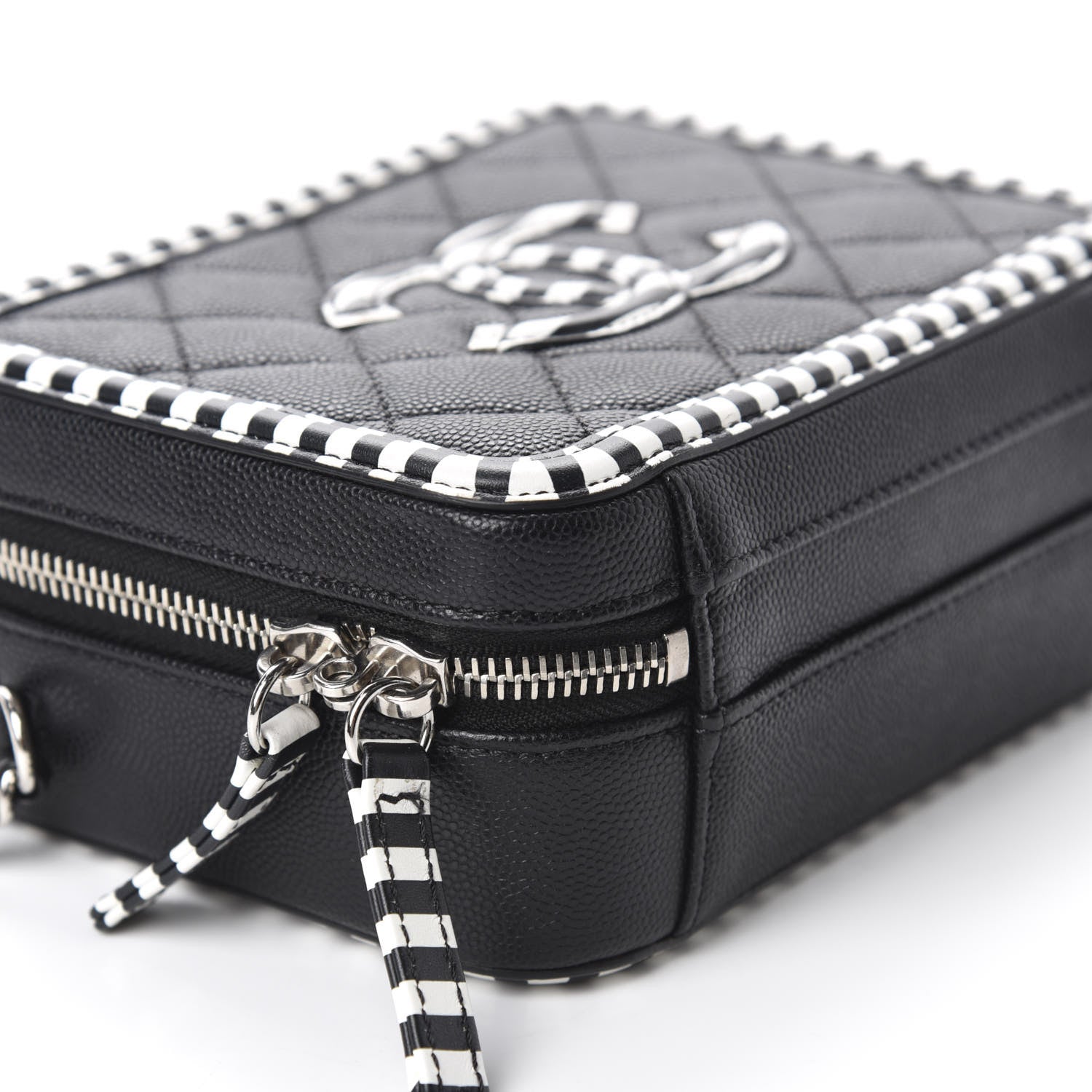 Chanel Caviar Quilted Striped Small CC Filigree Vanity Case Black White 6 of 10