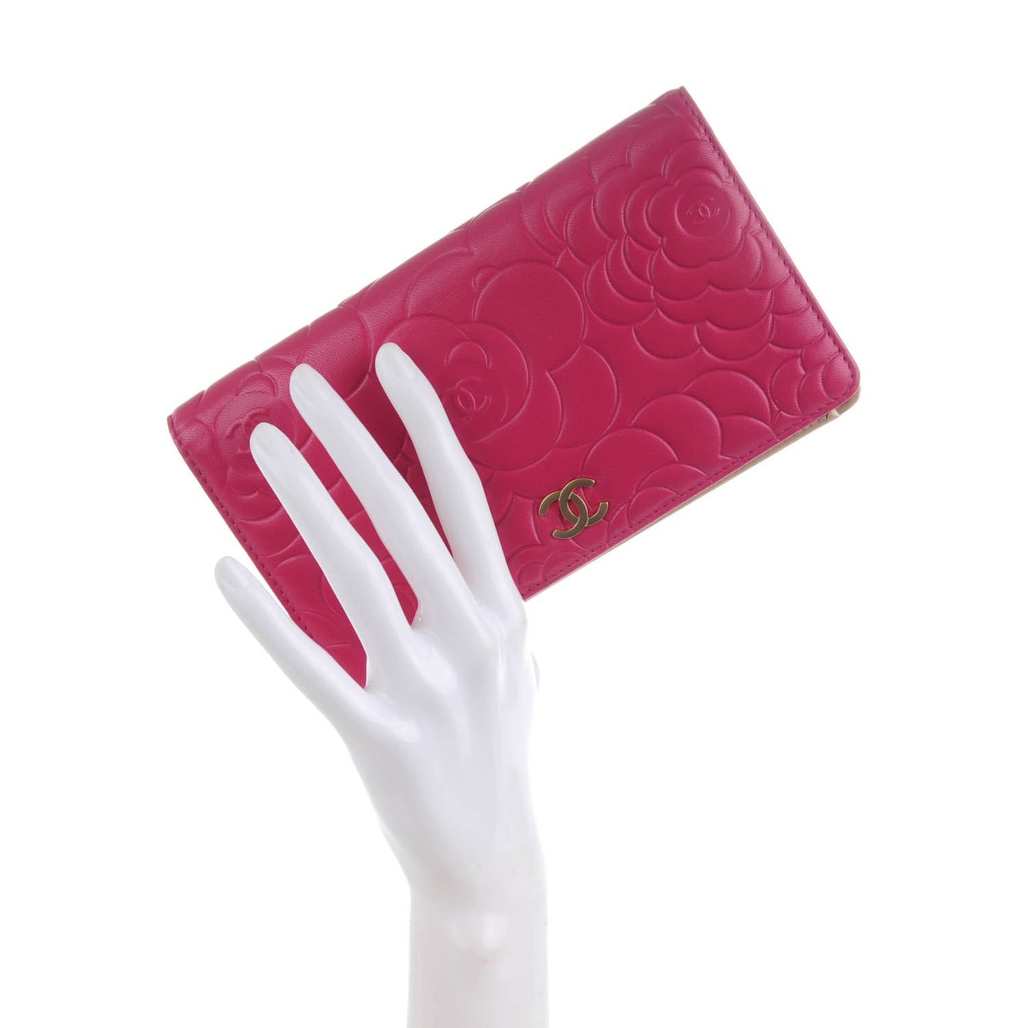 Lambskin Camellia Embossed Yen Wallet Fuchsia