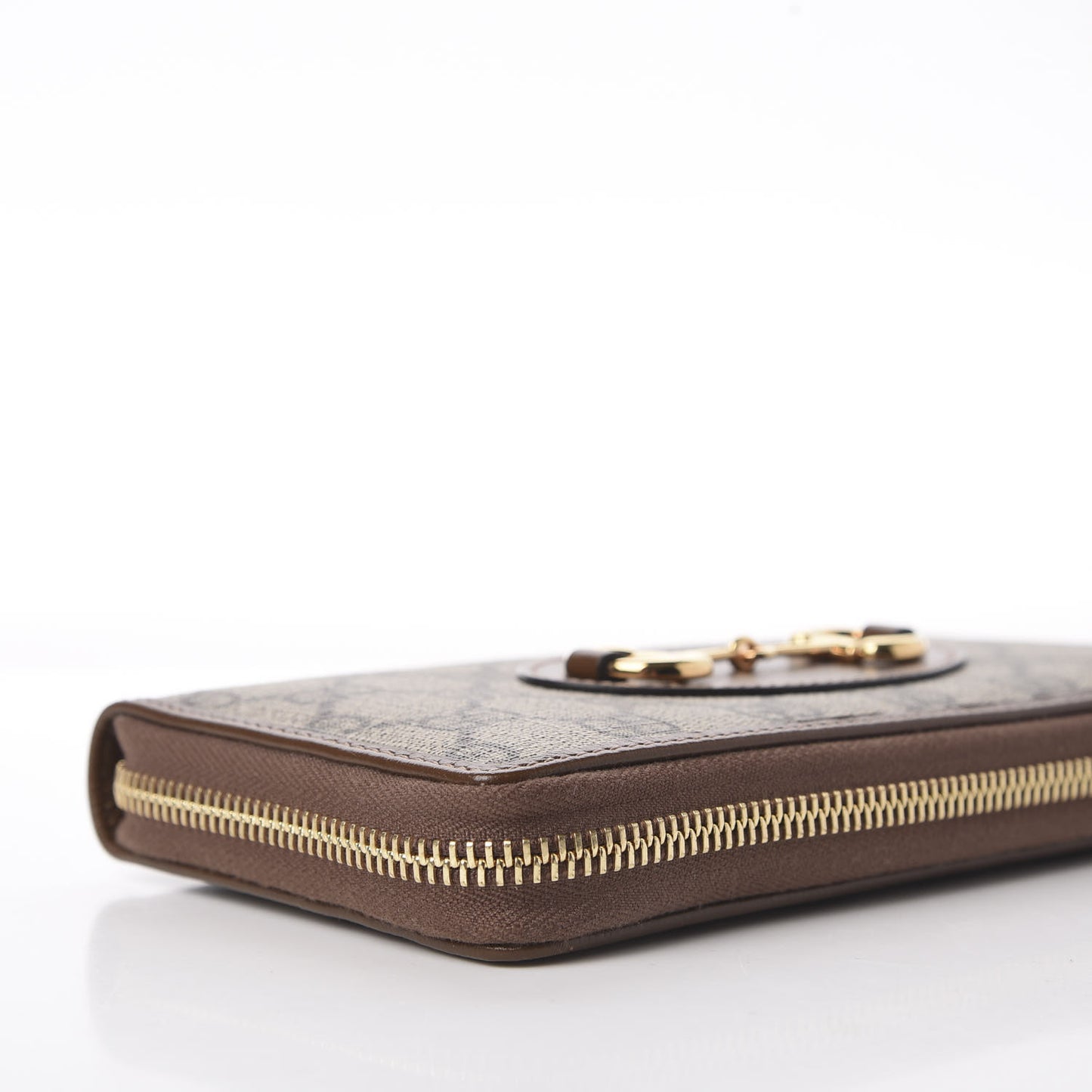 GG Supreme Monogram Azalea Calfskin Horsebit 1955 Zip Around Wallet Beige Ebony Brown Sugar