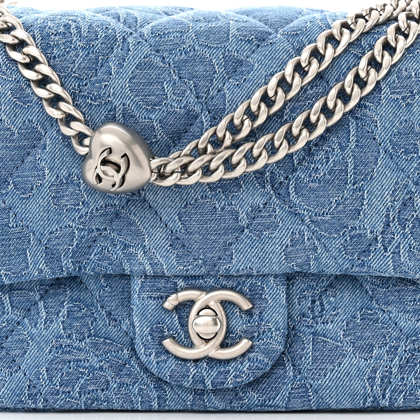 Denim Quilted Camellia Sweetheart Mini Flap Blue