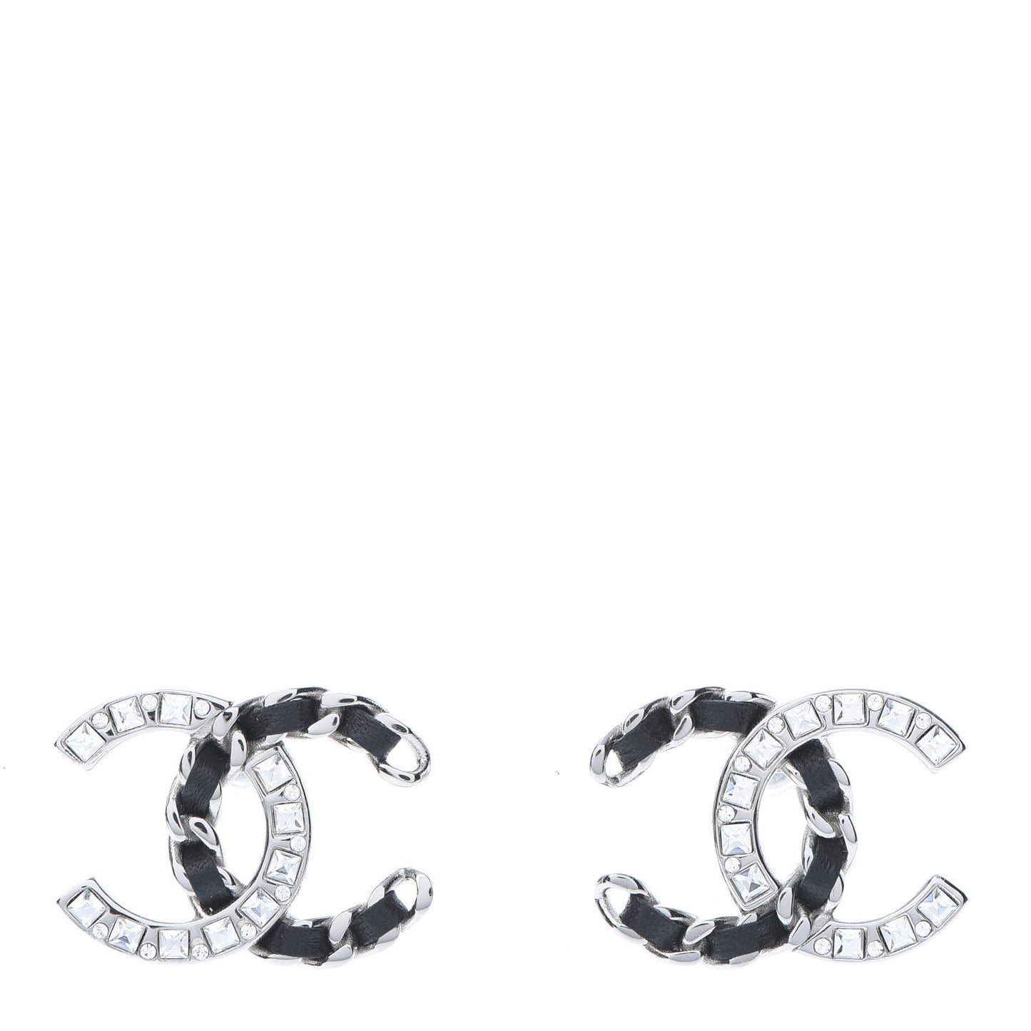 Crystal Baguette Lambskin Chain CC Vintage Allure Stud Earrings Black Silver
