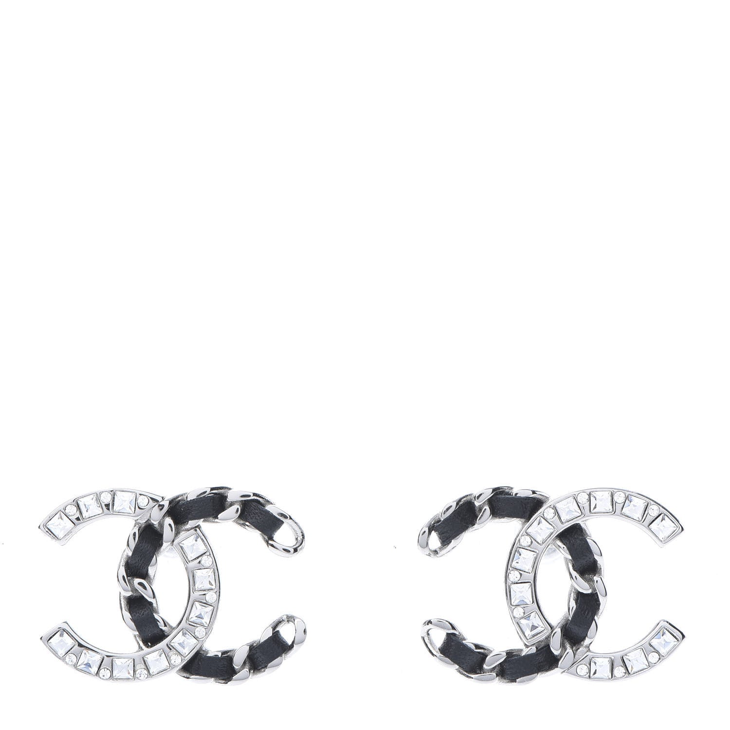 Chanel Crystal Baguette Lambskin Chain CC Vintage Allure Stud Earrings Black Silver 1 of 5