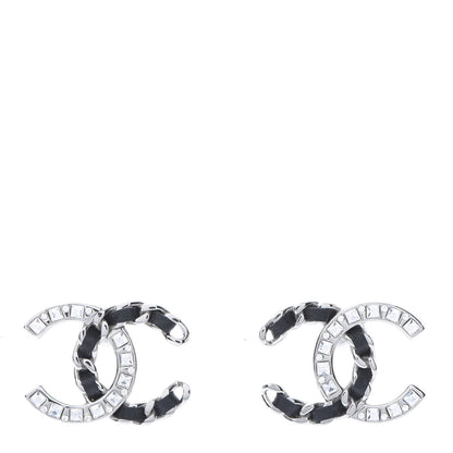 Chanel Crystal Baguette Lambskin Chain CC Vintage Allure Stud Earrings Black Silver 1 of 5