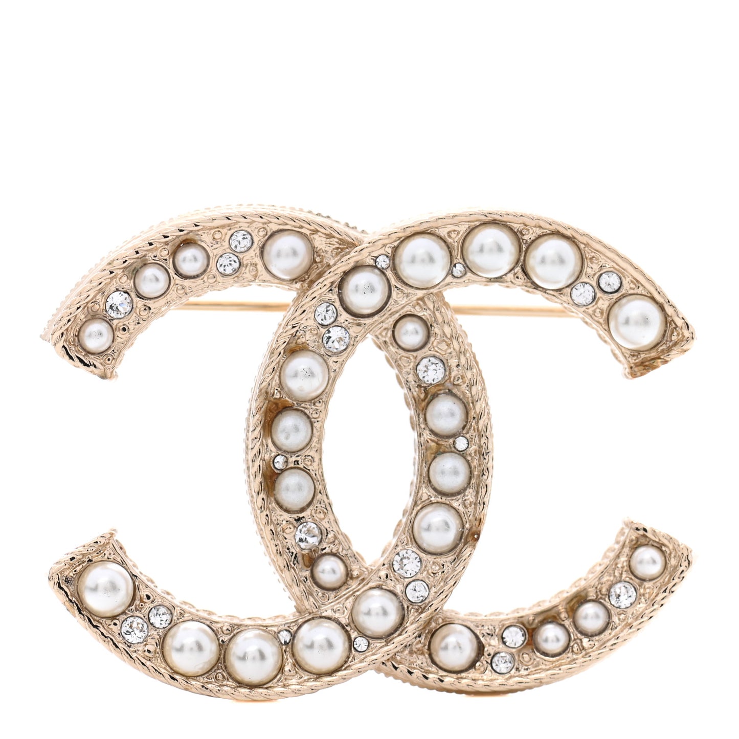 Pearl Crystal CC Brooch Gold