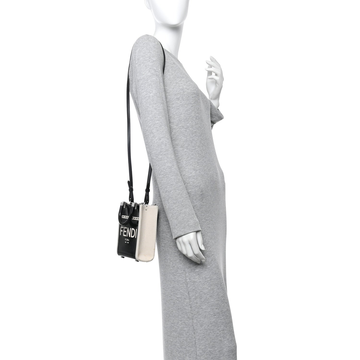 Fendi Canvas Spalmato Vernice Logo Embossed Mini Fendi Sunshine Shopper Tote Grezzo Black 2 of 11