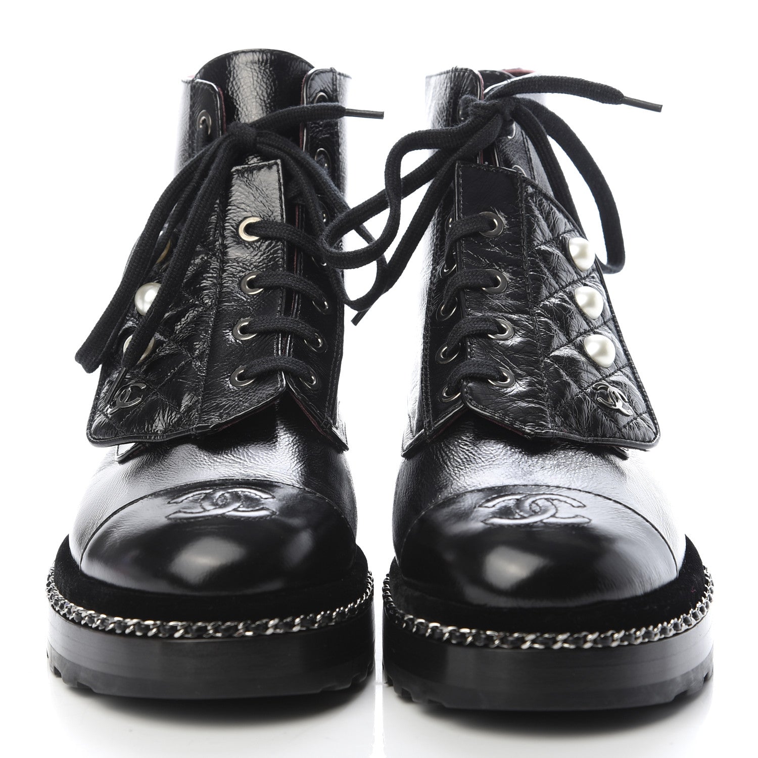 Chanel Crackled Calfskin Velvet Pearl Combat Short Boots 37 Black 2 of 7