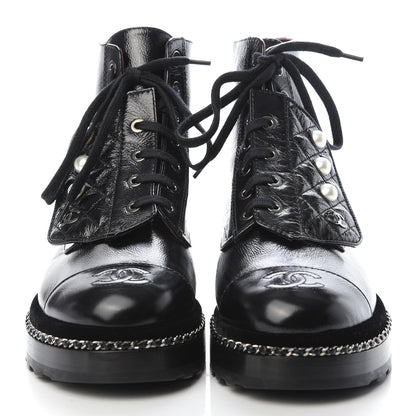 Chanel Crackled Calfskin Velvet Pearl Combat Short Boots 37 Black 2 of 7