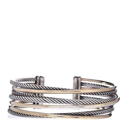 David Yurman Sterling Silver 18K Yellow Gold 21mm Four Row Crossover Cuff Bracelet 1 of 5