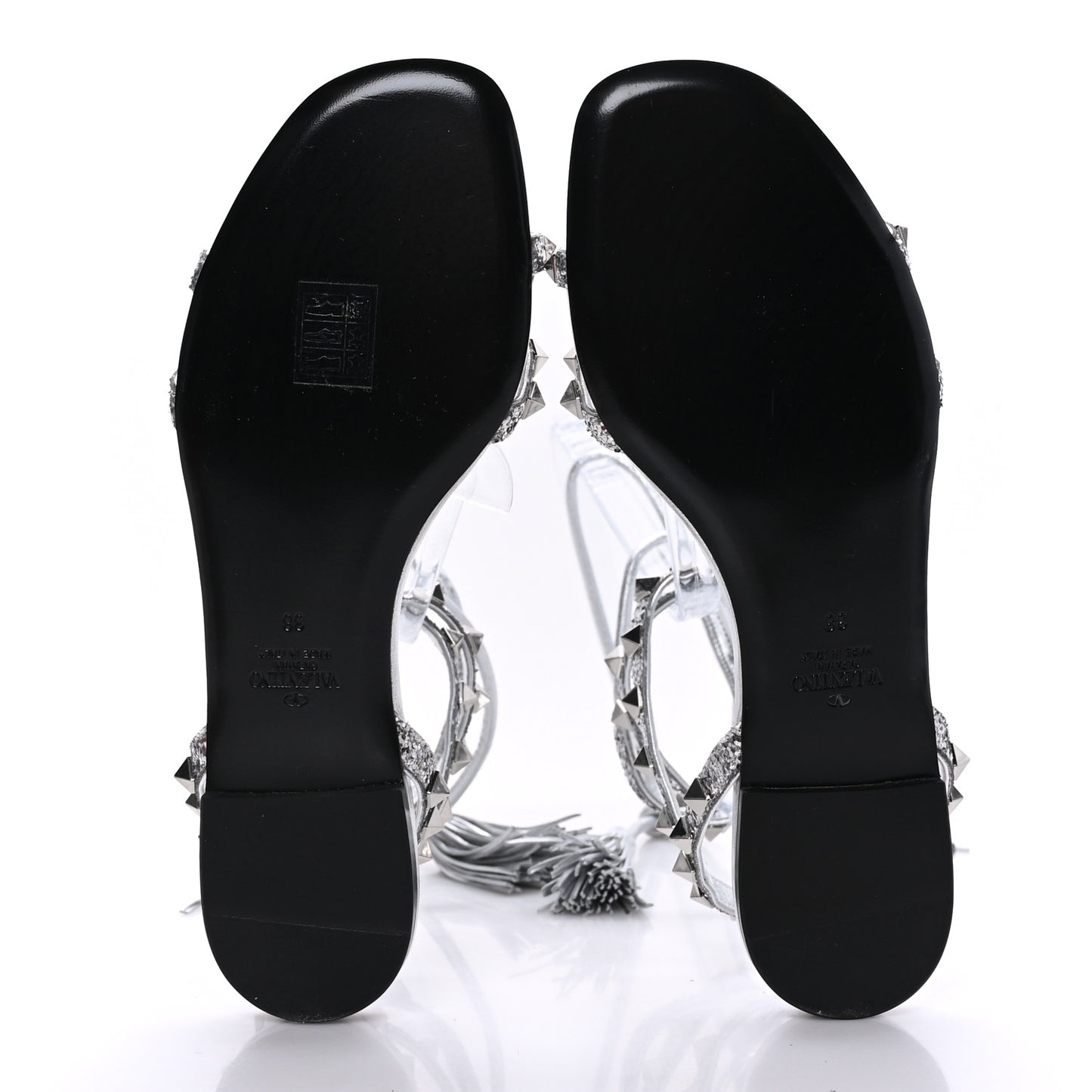 Nappa Glitter Rockstud Tassel Ankle Wrap Flat Sandals 38 Silver