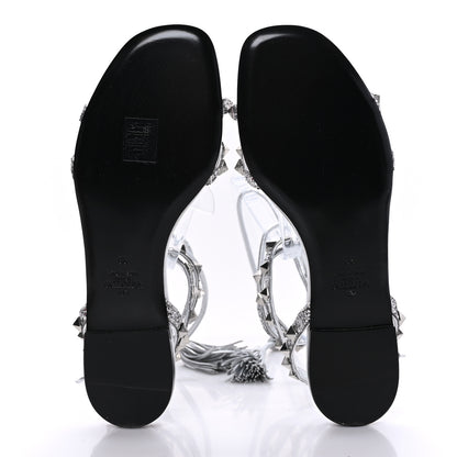 Valentino Garavani Nappa Glitter Rockstud Tassel Ankle Wrap Flat Sandals 38 Silver 5 of 7