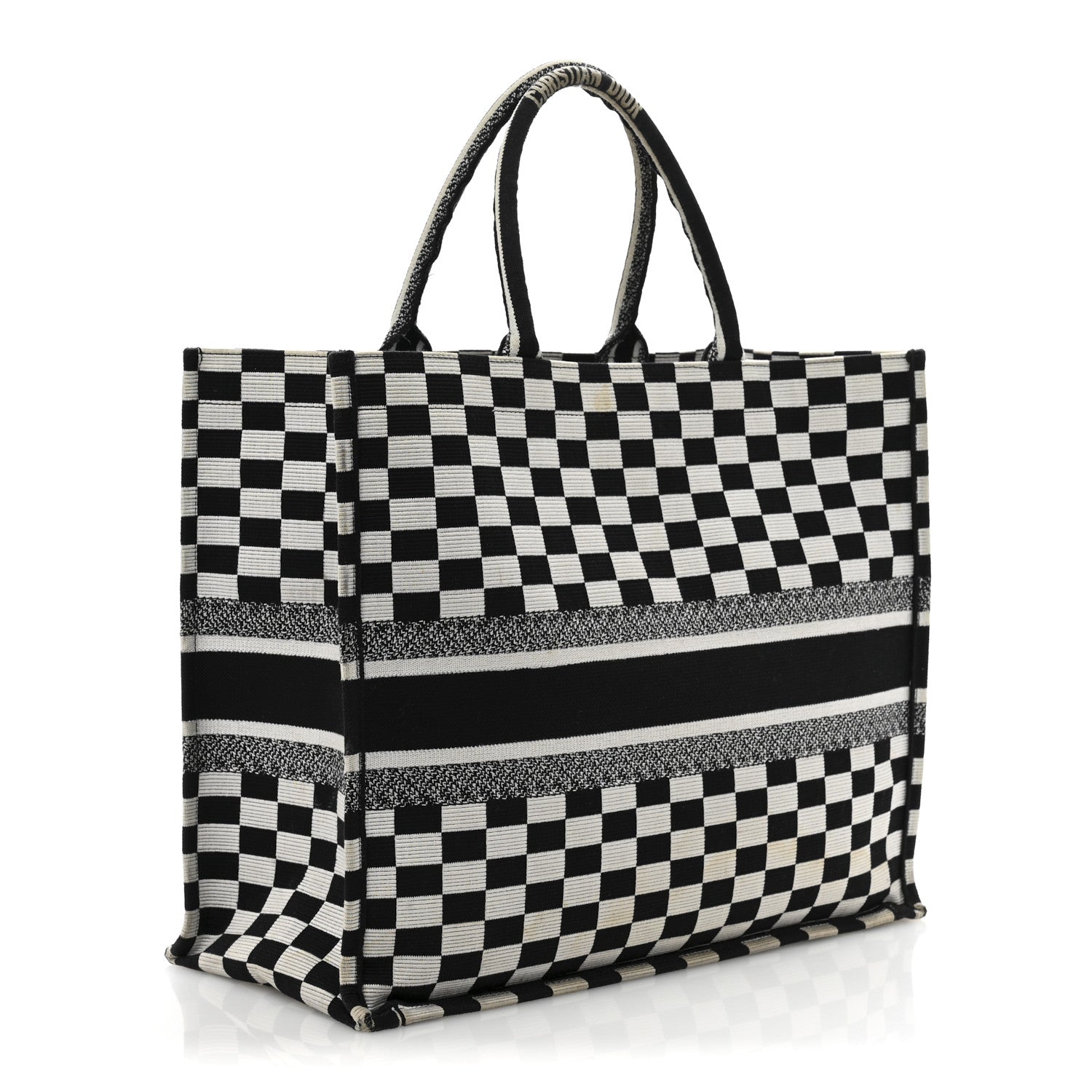 Christian Dior Canvas Embroidered Checkered Book Tote Black White 3 of 12