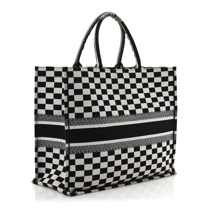 Christian Dior Canvas Embroidered Checkered Book Tote Black White 3 of 12