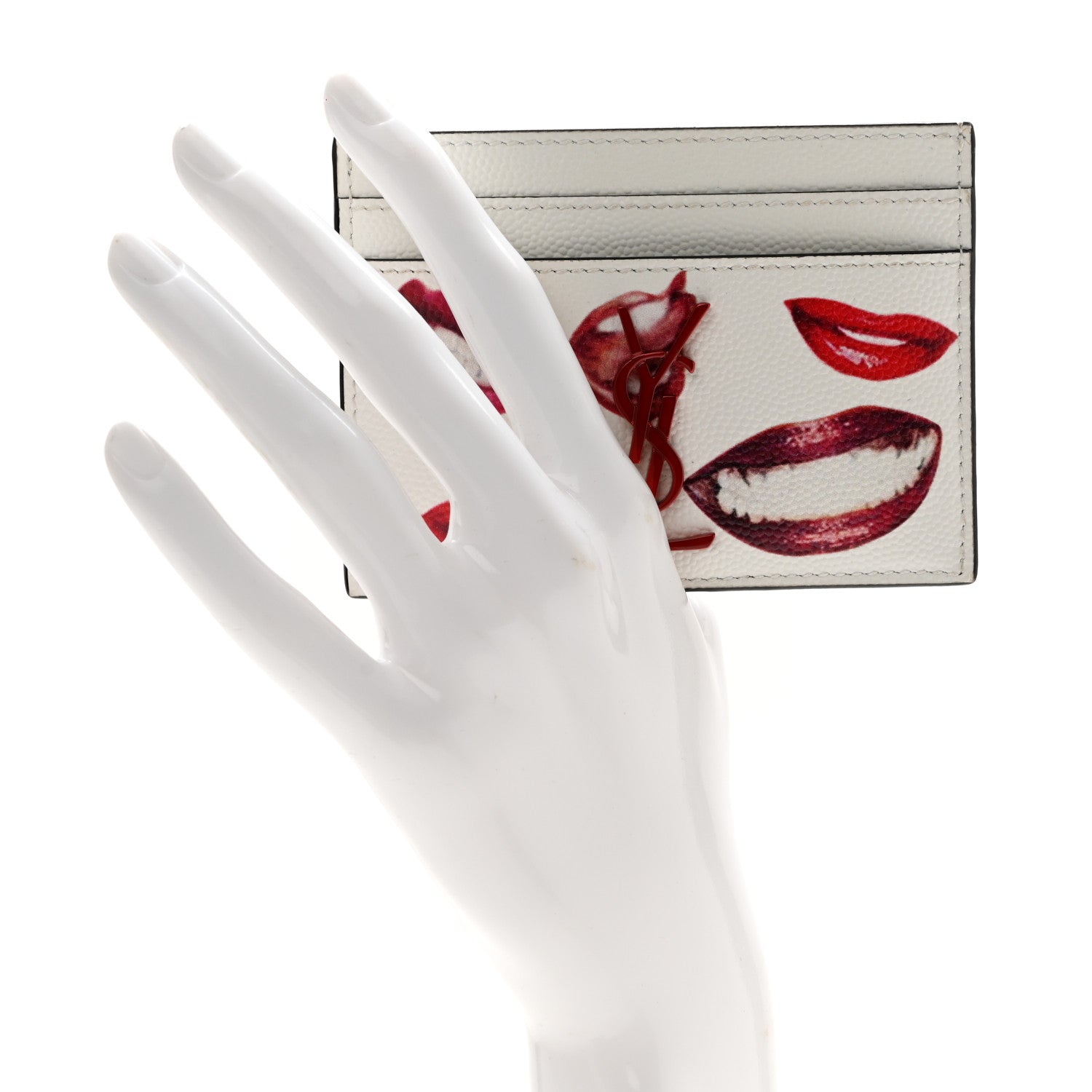Saint Laurent Grain De Poudre Lips Print Monogram Card Holder White Red 2 of 8
