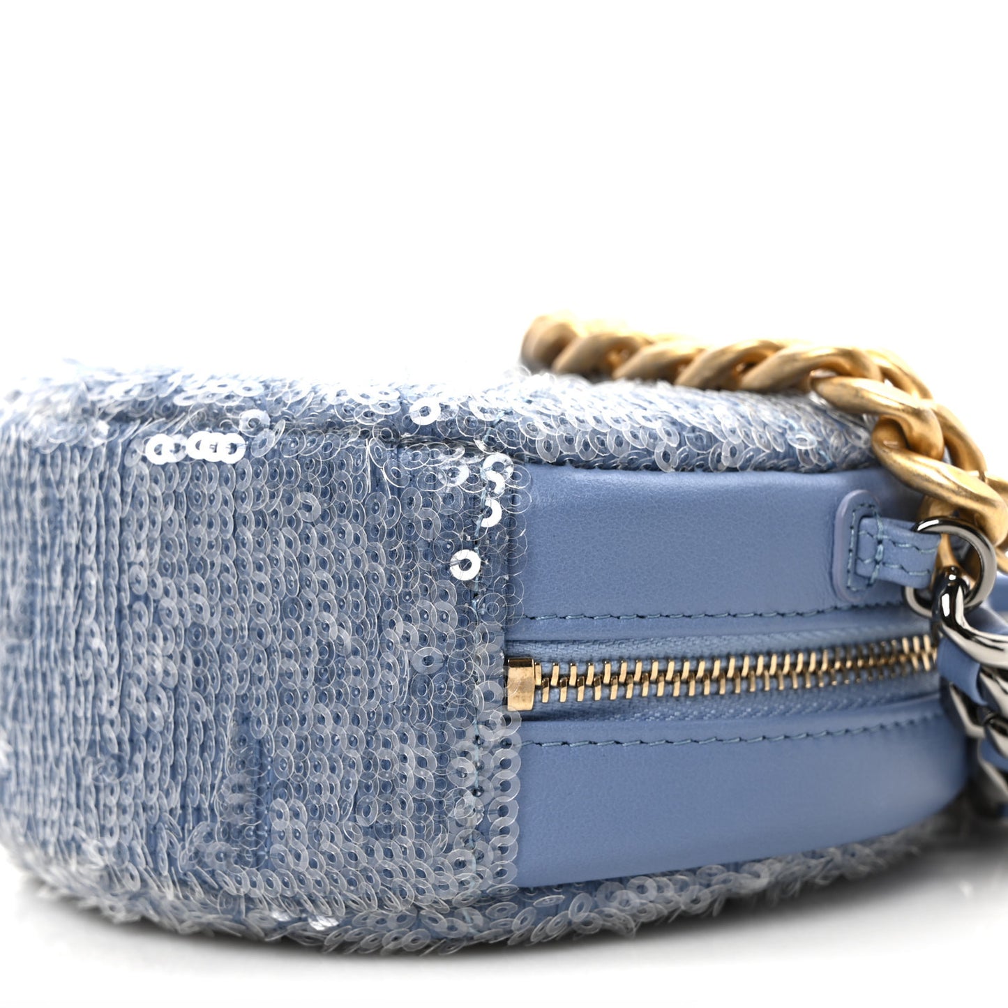 Sequin Chanel 19 Round Clutch With Chain Light Blue