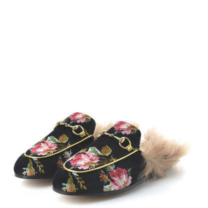 Gucci Velvet Fur Floral Womens Princetown Slippers 36 Black 3 of 8