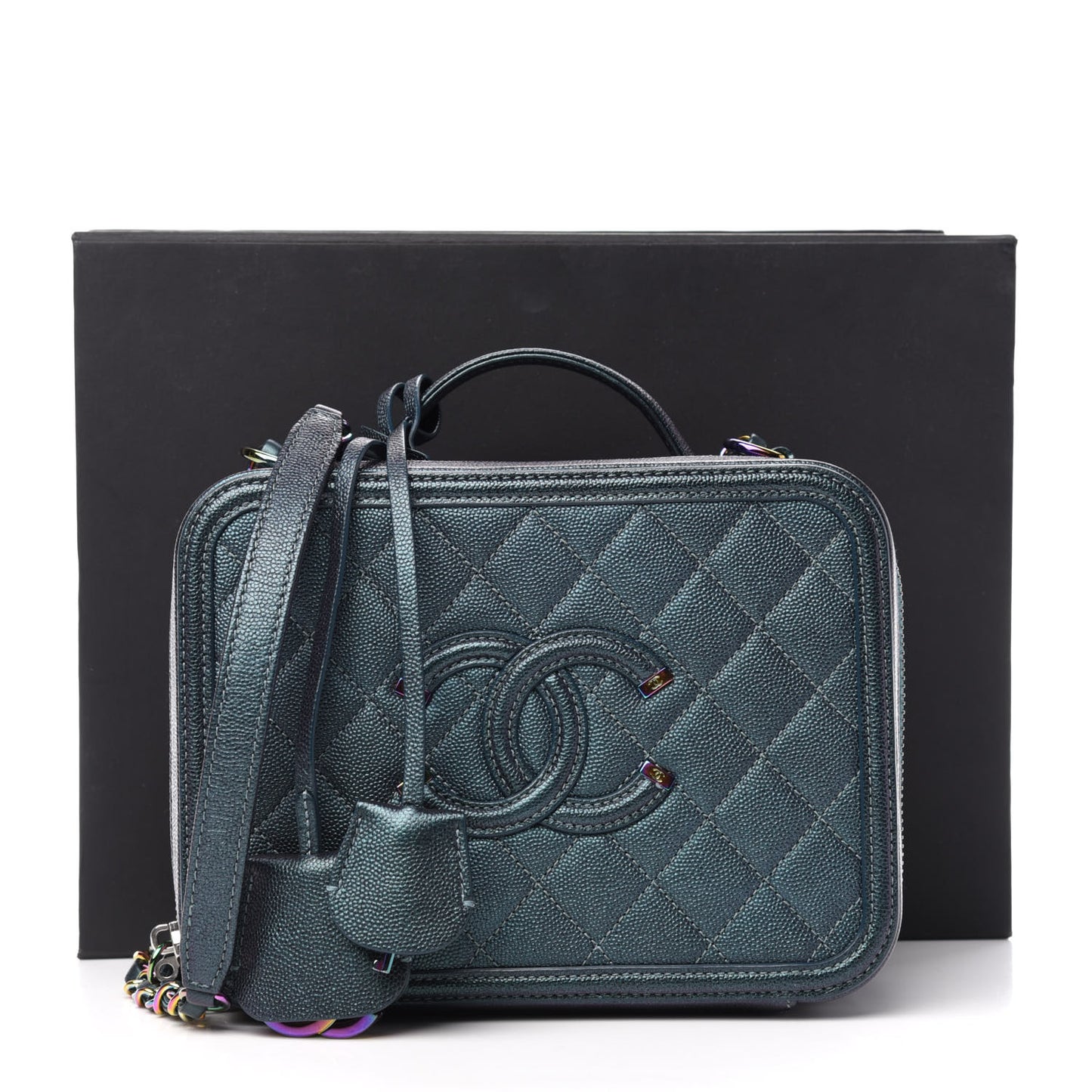 Iridescent Caviar Quilted Medium CC Filigree Vanity Case Dark Turquoise