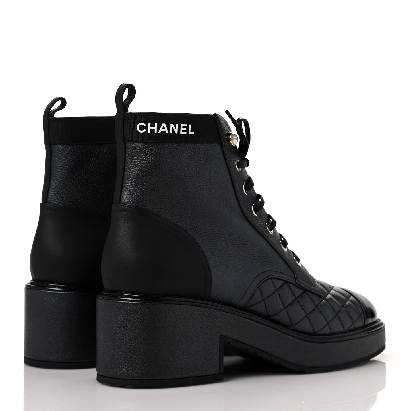 Pearly Calfskin Patent Calfskin Lace Up Combat Boots 39.5 Black