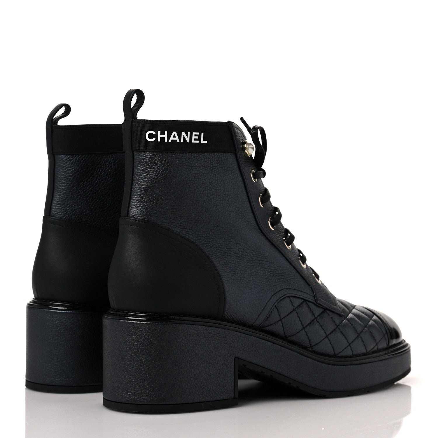 Chanel Pearly Calfskin Patent Calfskin Lace Up Combat Boots 39.5 Black 4 of 8