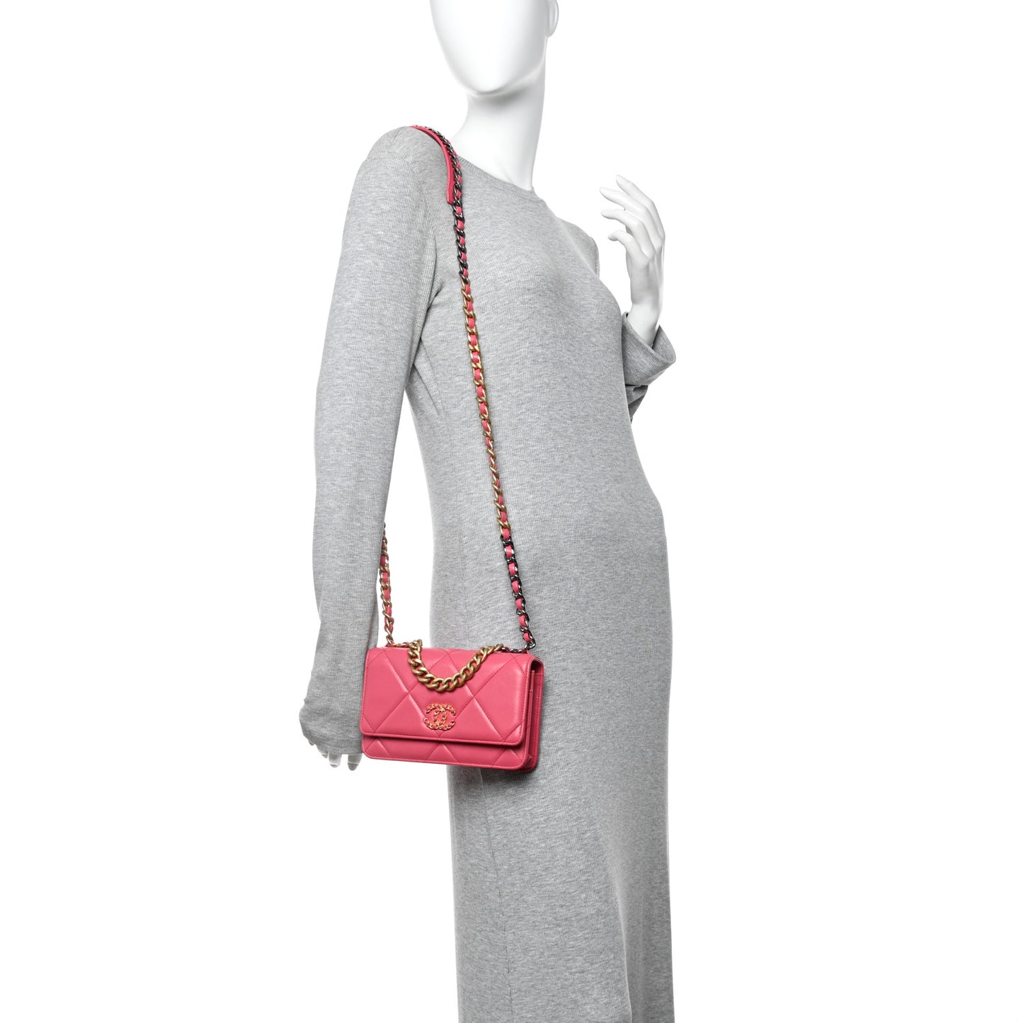 Shiny Goatskin Quilted Chanel 19 Wallet On Chain WOC Dark Pink