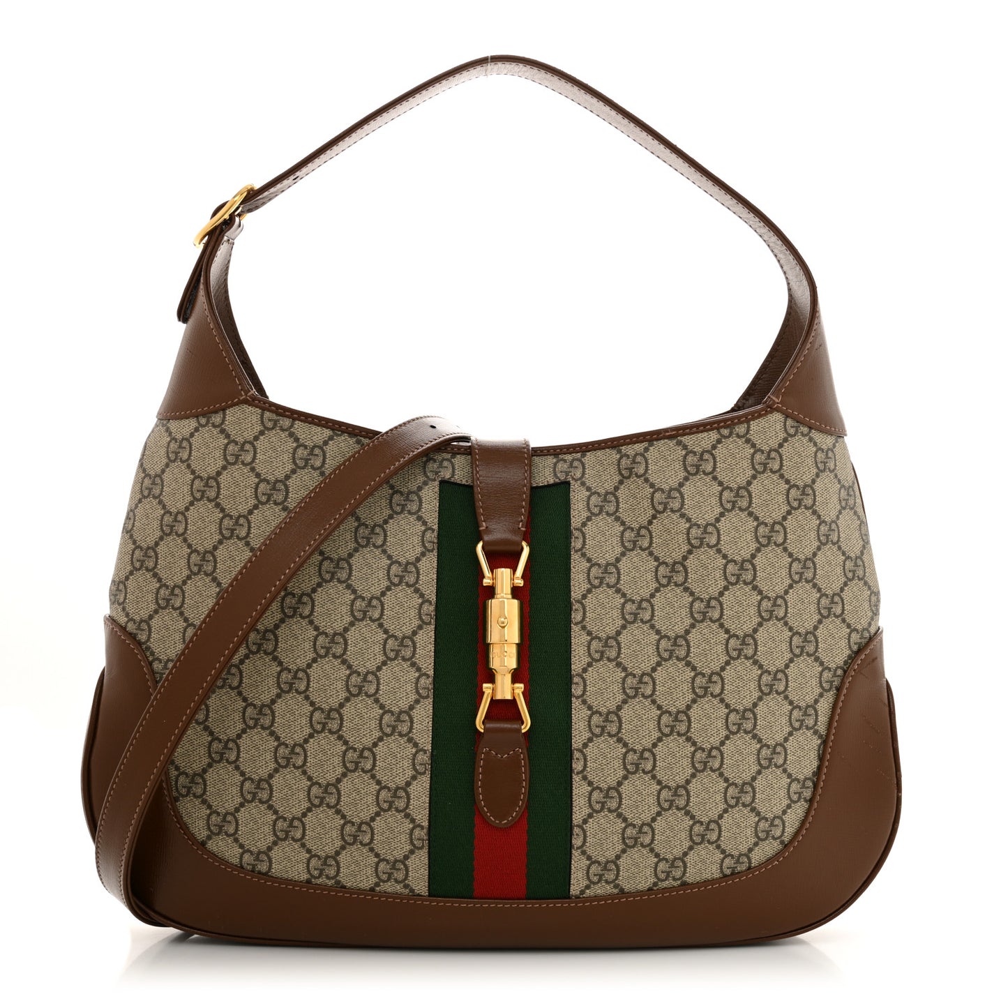 GG Supreme Monogram Azalea Calfskin Web Medium Jackie 1961 Hobo Beige Ebony Brown Sugar