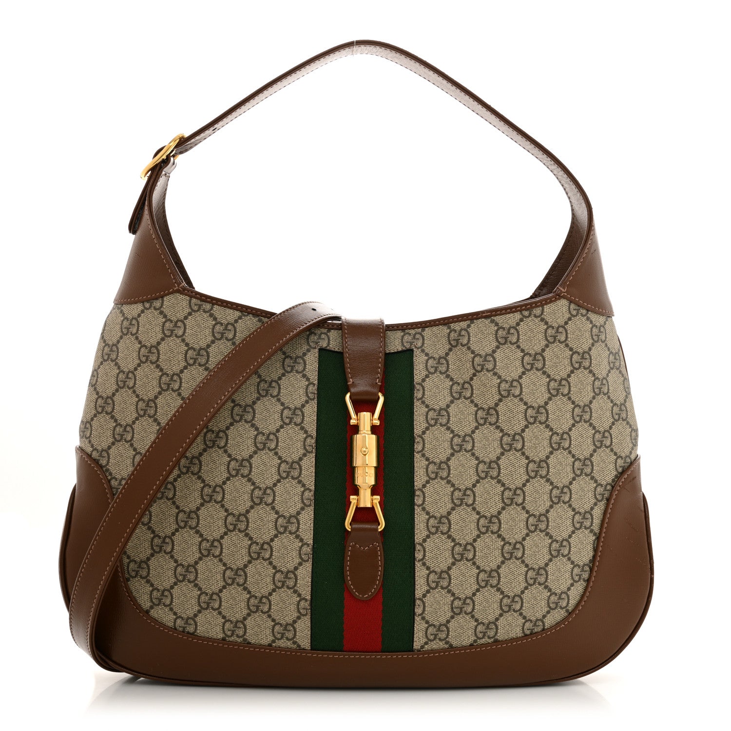 Gucci GG Supreme Monogram Azalea Calfskin Web Medium Jackie 1961 Hobo Beige Ebony Brown Sugar 1 of 13