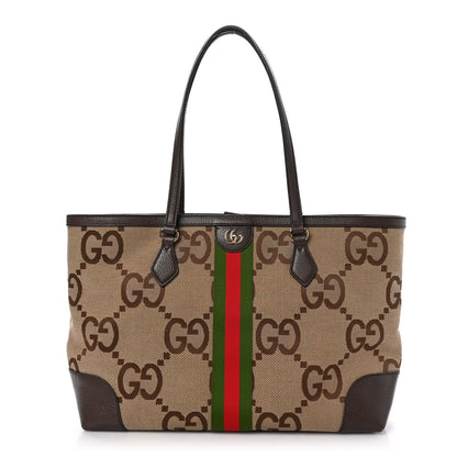 Gucci Monogram Jumbo GG Textured Dollar Calfskin Web Medium Ophidia Shopping Tote Camel Ebony 1 of 10