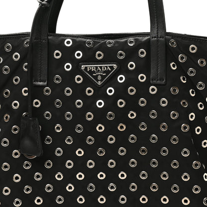 Prada Tessuto Nylon Calfskin Grommet Tote Black 7 of 9