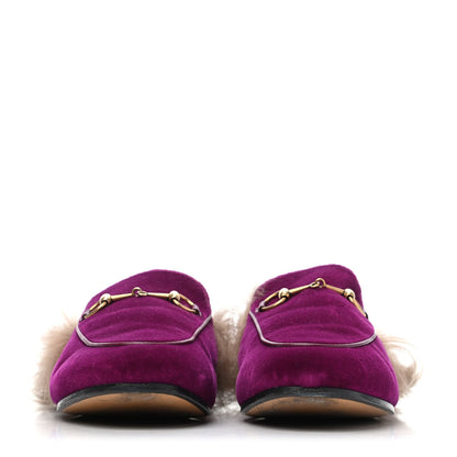 Gucci Velvet Fur Womens Princetown Slippers 38 Fucsia Violet Cyclamen Natural 2 of 4