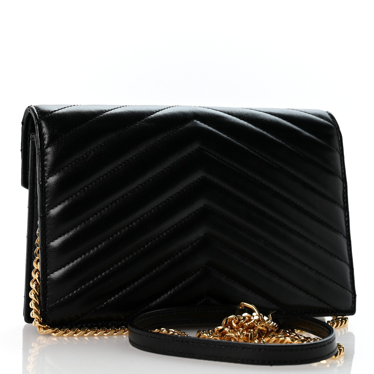 Saint Laurent Lambskin Matelasse Chevron Monogram Envelope Chain Wallet Black 3 of 12