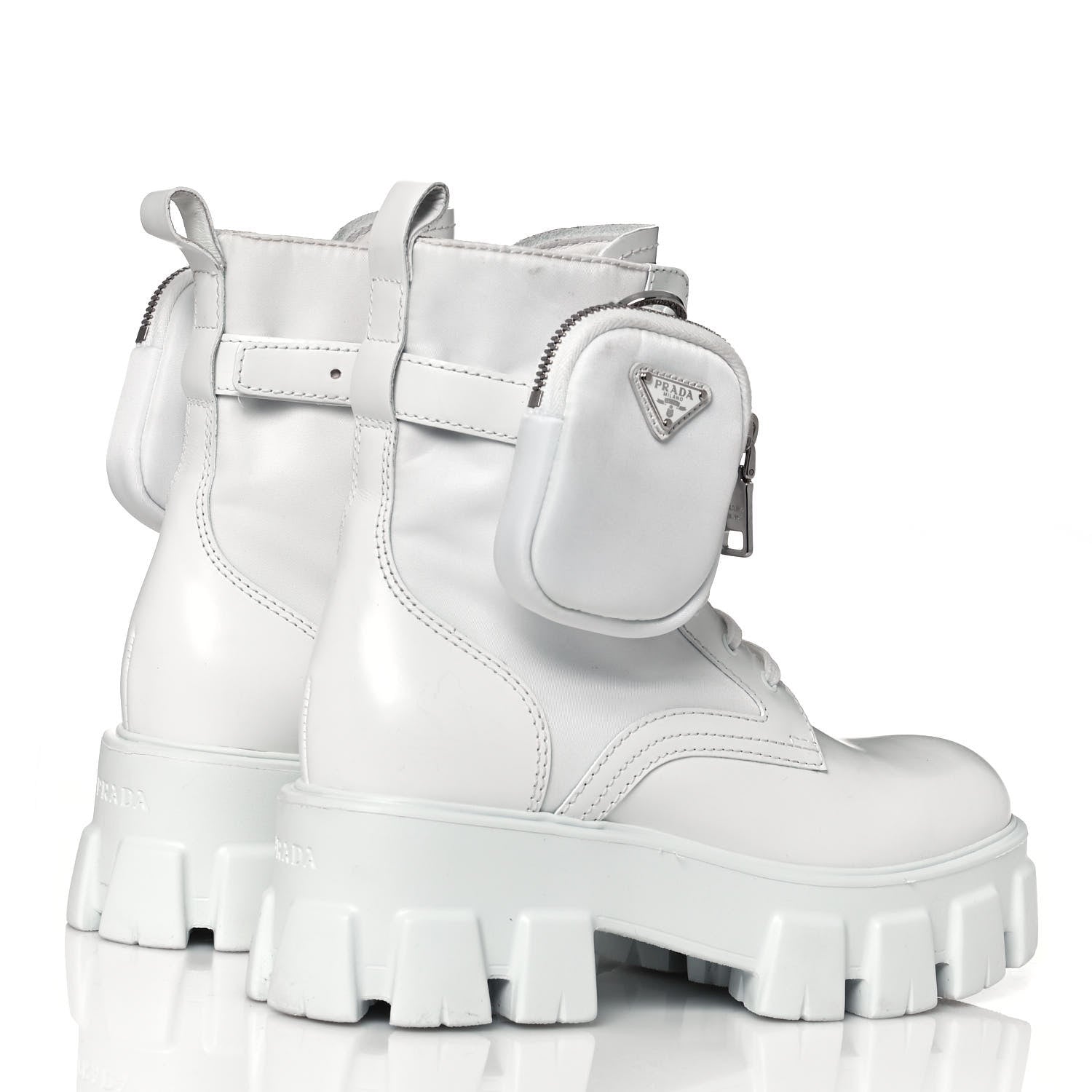 Prada Spazzolato Rois Re-Nylon Metal Triangle Logo Monolith Pouch Pocket 55mm Boots 37.5 White 4 of 9