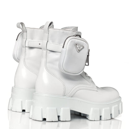 Prada Spazzolato Rois Re-Nylon Metal Triangle Logo Monolith Pouch Pocket 55mm Boots 37.5 White 4 of 9