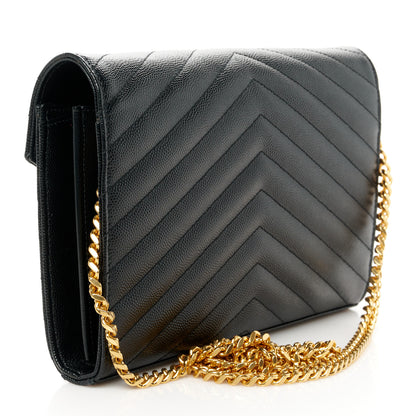 Saint Laurent Grain De Poudre Matelasse Chevron Monogram Chain Wallet Black 3 of 10