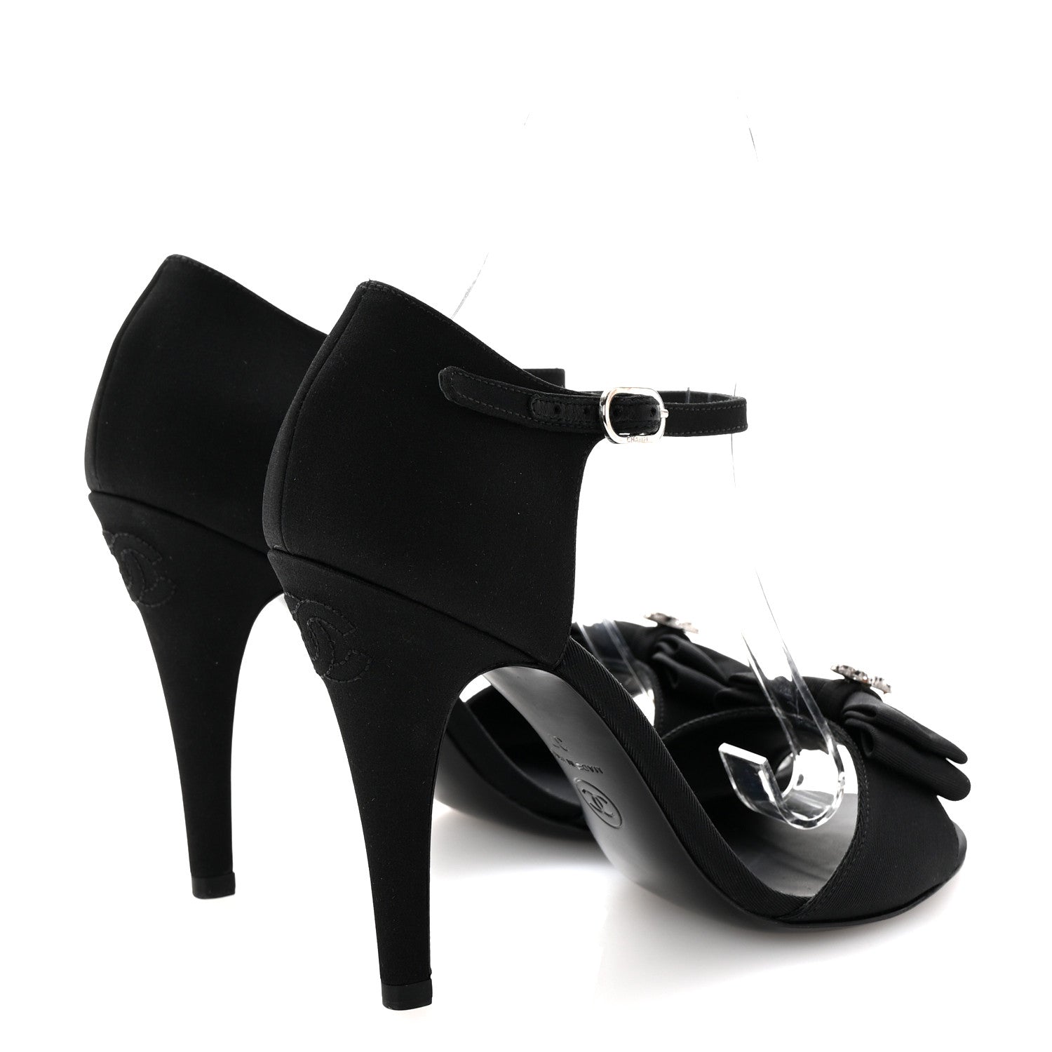 Chanel Crepe Grosgrain Crystal Bow Open Toe Sandals 37 Black 5 of 10