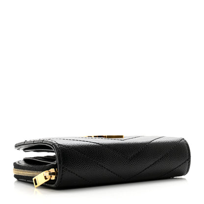 Saint Laurent Grain De Poudre Matelasse Chevron Monogram Compact Zip Around Wallet Black 4 of 11